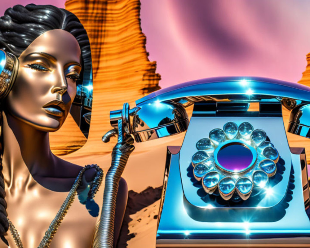 Metallic female mannequin and retro telephone in surreal desert setting