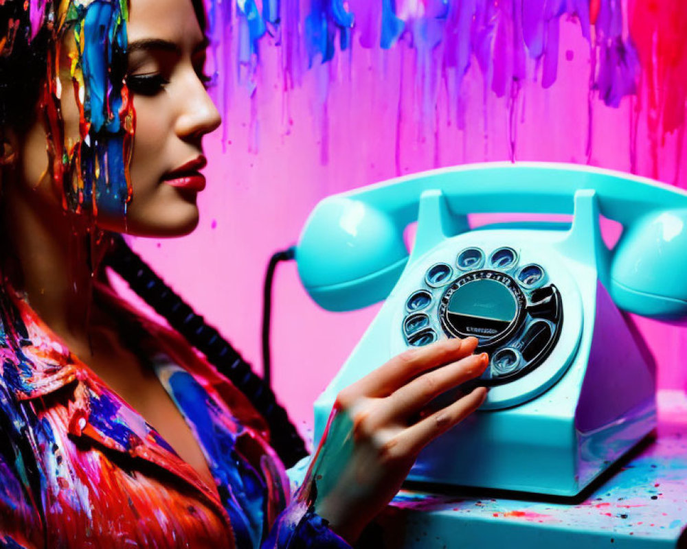 Colorful Woman Poses with Paint and Vintage Blue Telephone on Vibrant Background