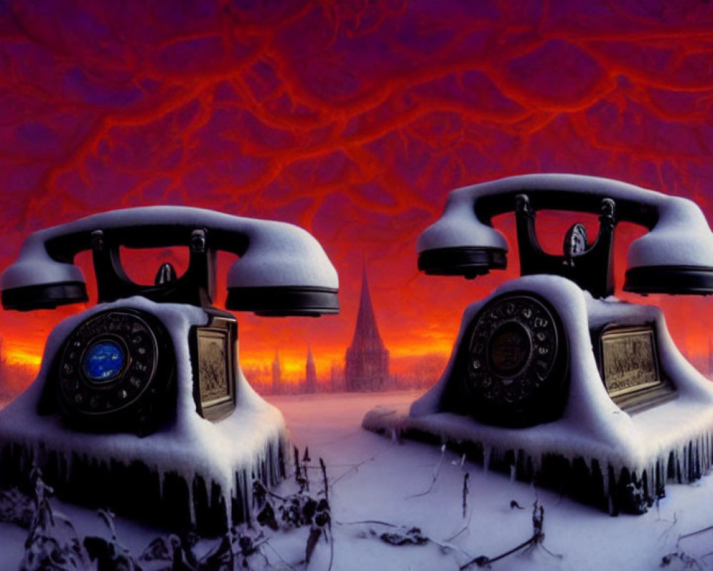 Vintage telephones in snowy surreal winter landscape