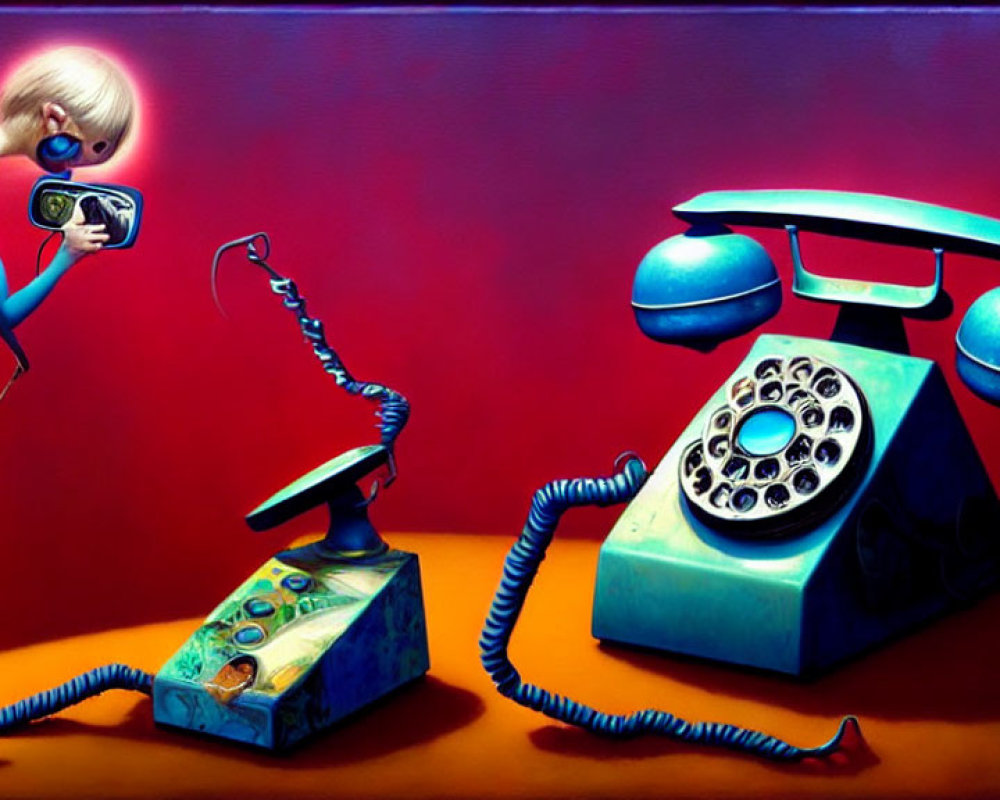 Surreal artwork: Woman with camera head photographs rotary phone