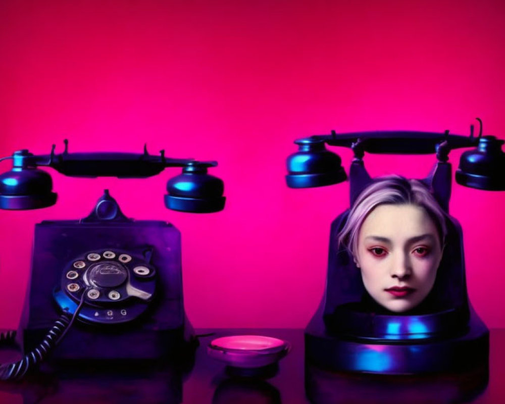 Surreal vintage black telephone with human head on pink background