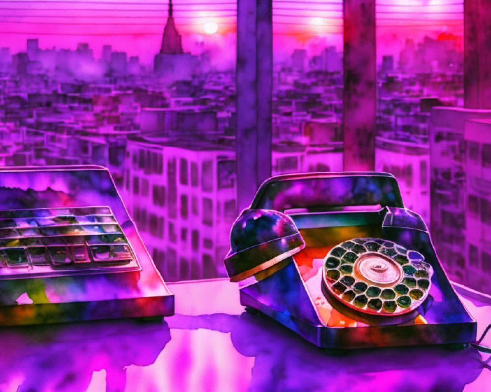 Colorful cityscape painting with retro telephone and watercolor set on reflective surface