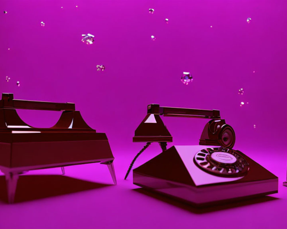 Vintage rotary and candlestick phones in purple light with floating particles.