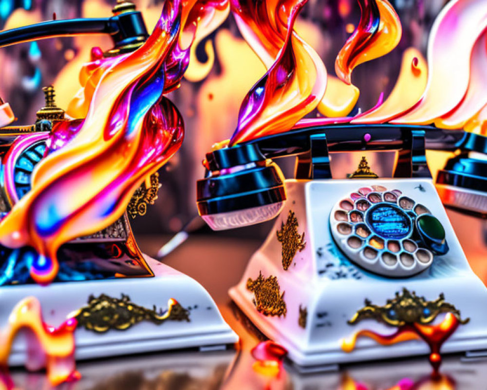 Colorful surreal rotary telephones with flame-like liquid swirls - a vibrant image.