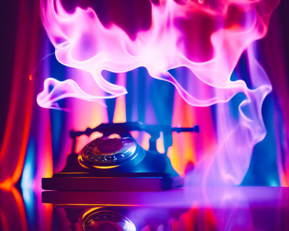 Vintage Telephone Engulfed in Colorful Flames on Dark Background