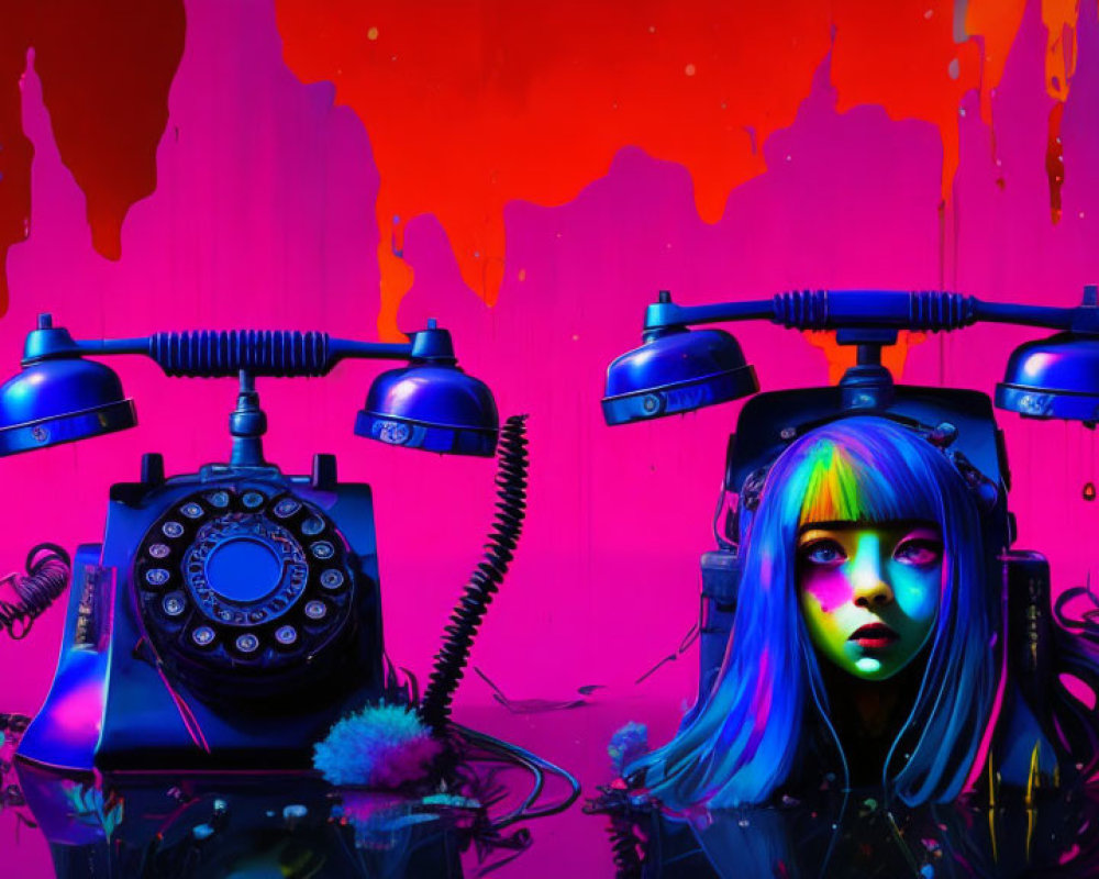 Colorful digital artwork of futuristic girl with blue hair and rotary phones on vivid backdrop.