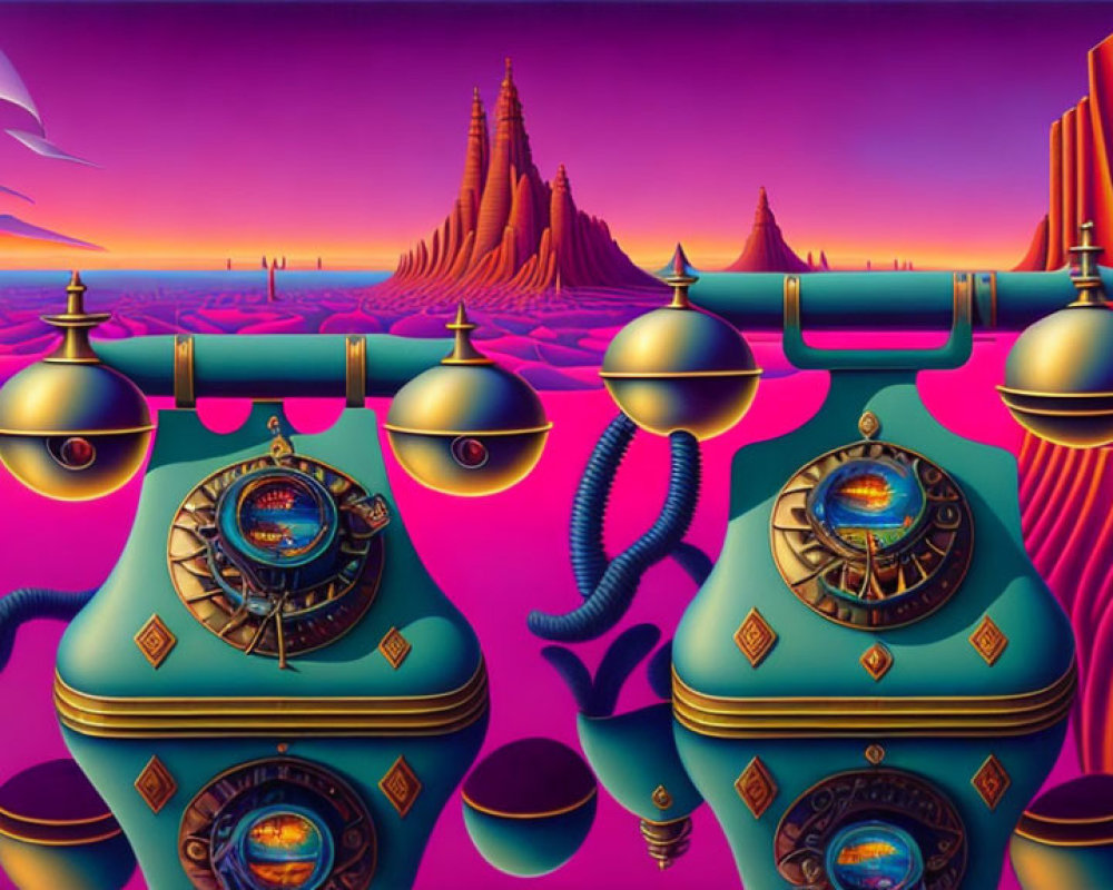 Surreal landscape with purple and pink hues and metallic telephone-like structures in desert with crescent moon