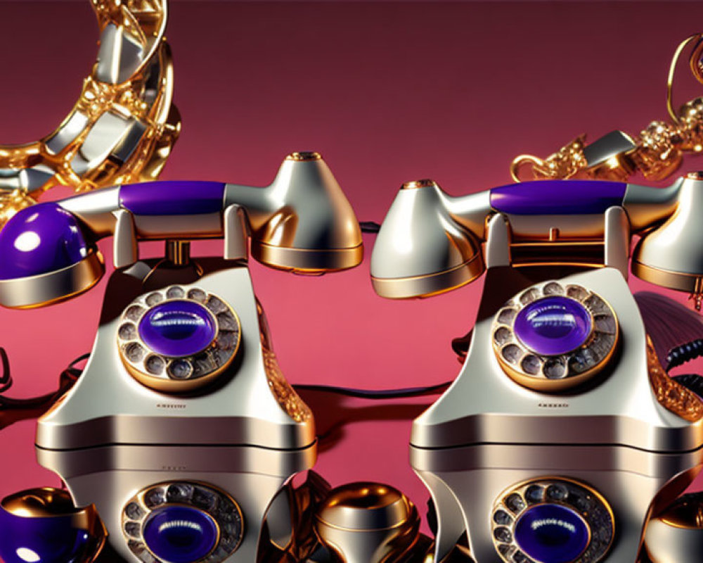 Vintage Rotary Phones with Golden Accents on Pink Background