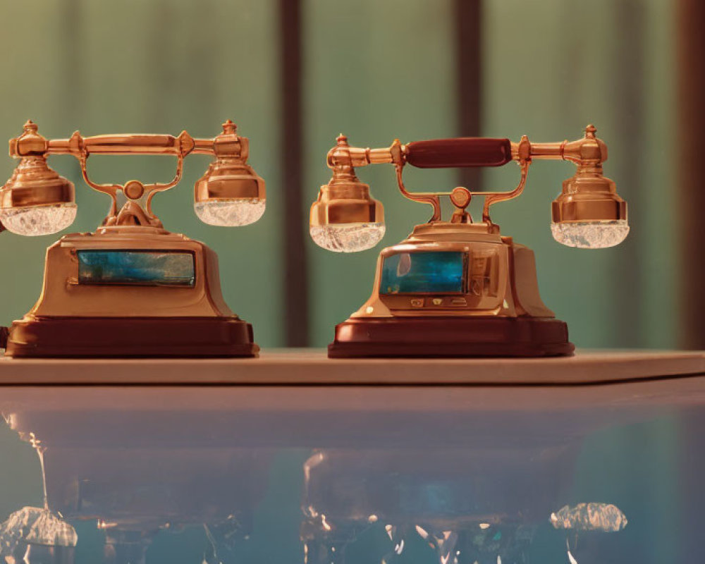 Vintage Telephones with Golden Finishes on Reflective Surface Against Blurred Background