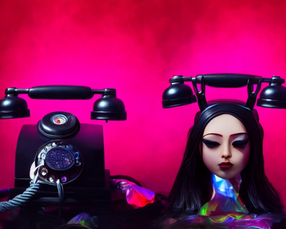 Large-eyed doll with monochromatic makeup near old rotary phone on red background