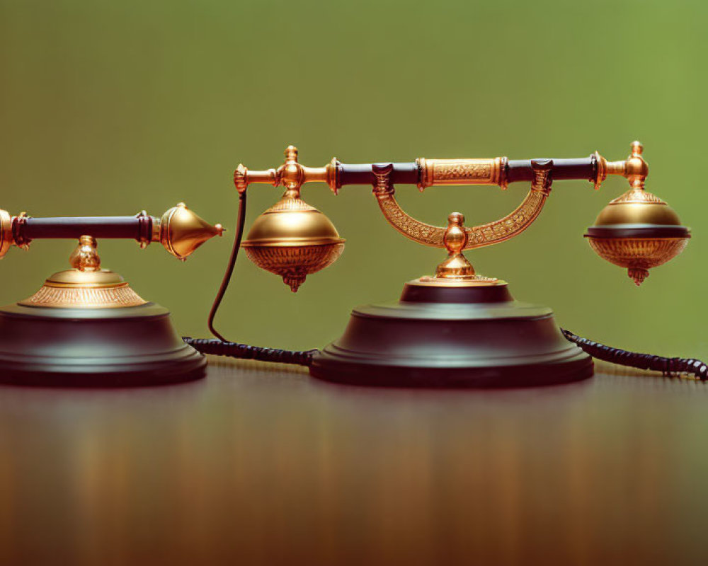 Vintage Golden Telephone with Handset on Green Background