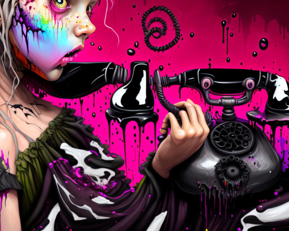 Vibrant artwork of woman with striking makeup and vintage telephone