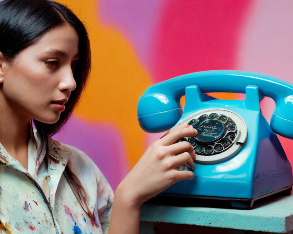 Woman in Paint-Splattered Shirt Dialing Retro Blue Rotary Phone on Vibrant Background