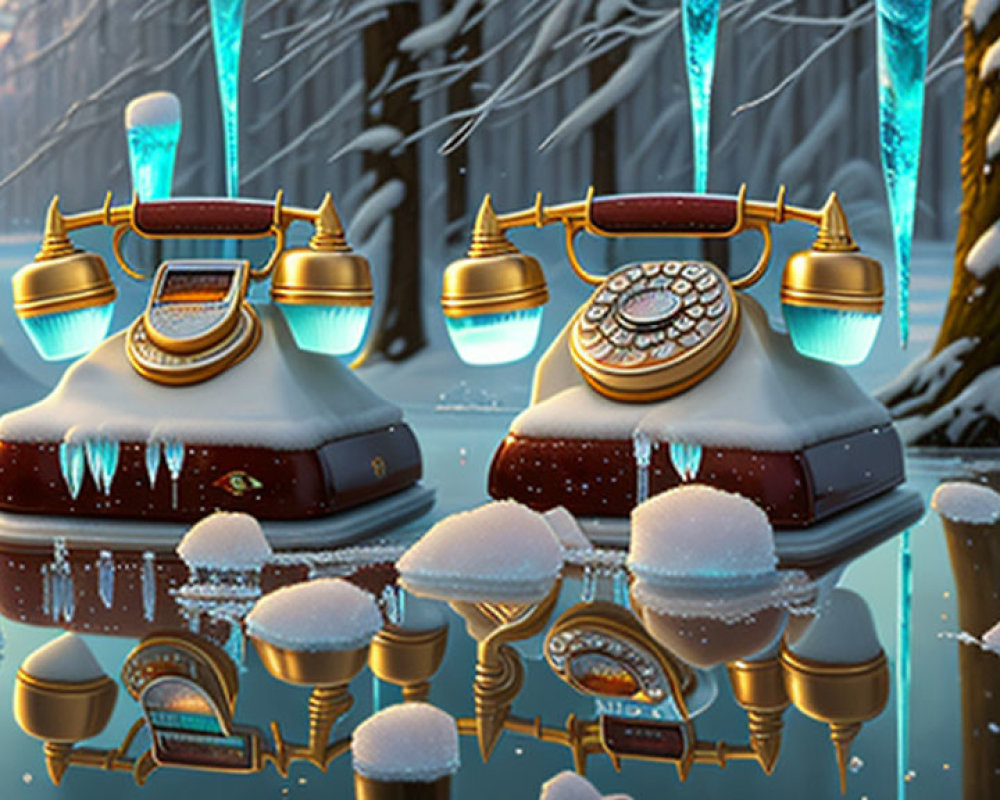 Vintage telephones on snowy surface with forest backdrop, icicles, and light beams.