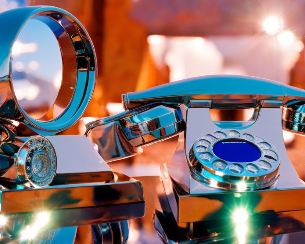 Vintage blue rotary phone and magnifying glass on sandy surface with bokeh effect and warm lights.