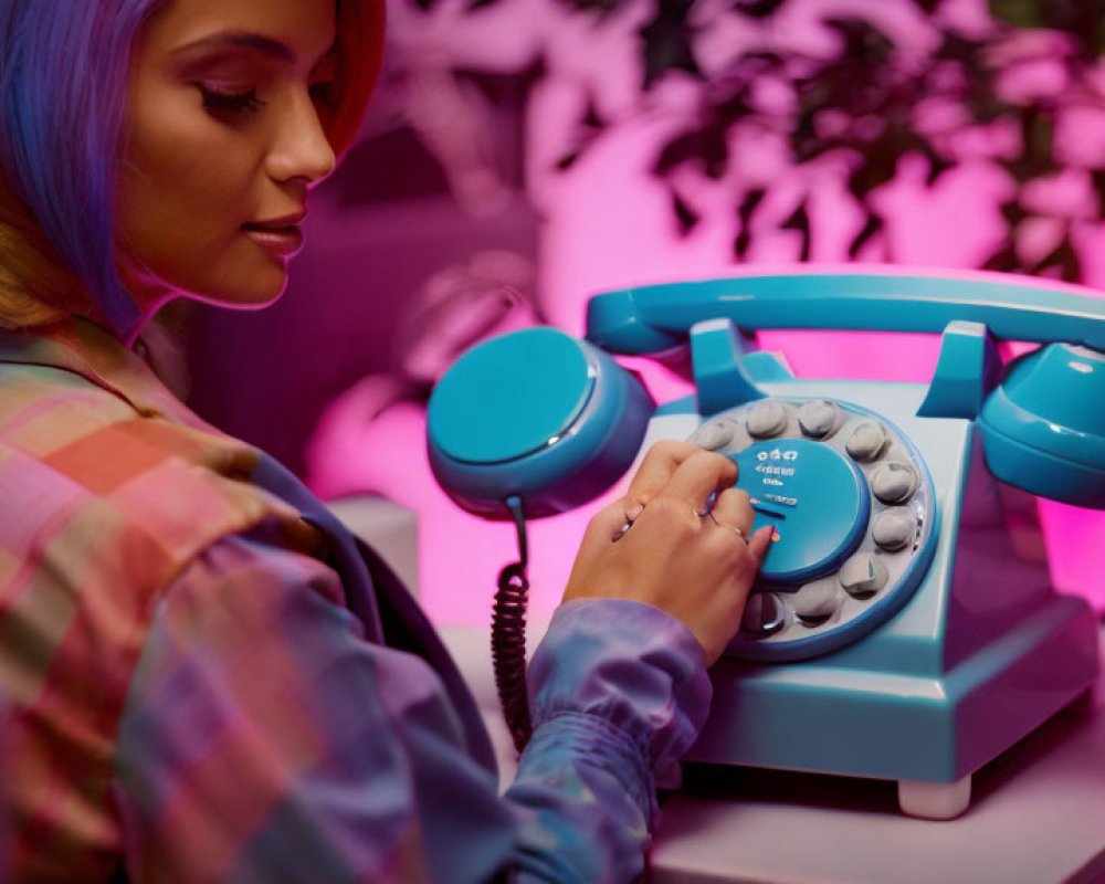 Plaid shirt person dialing vintage rotary phone under pink and purple lighting