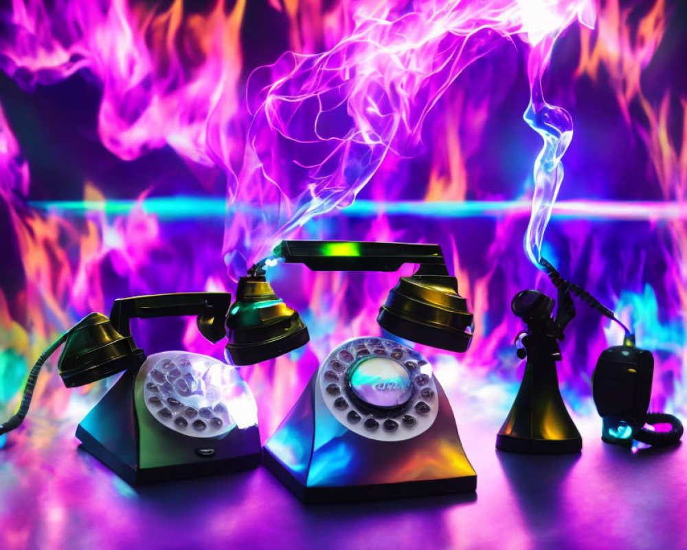 Vintage telephones with neon lights and dynamic flames in electrifying setting