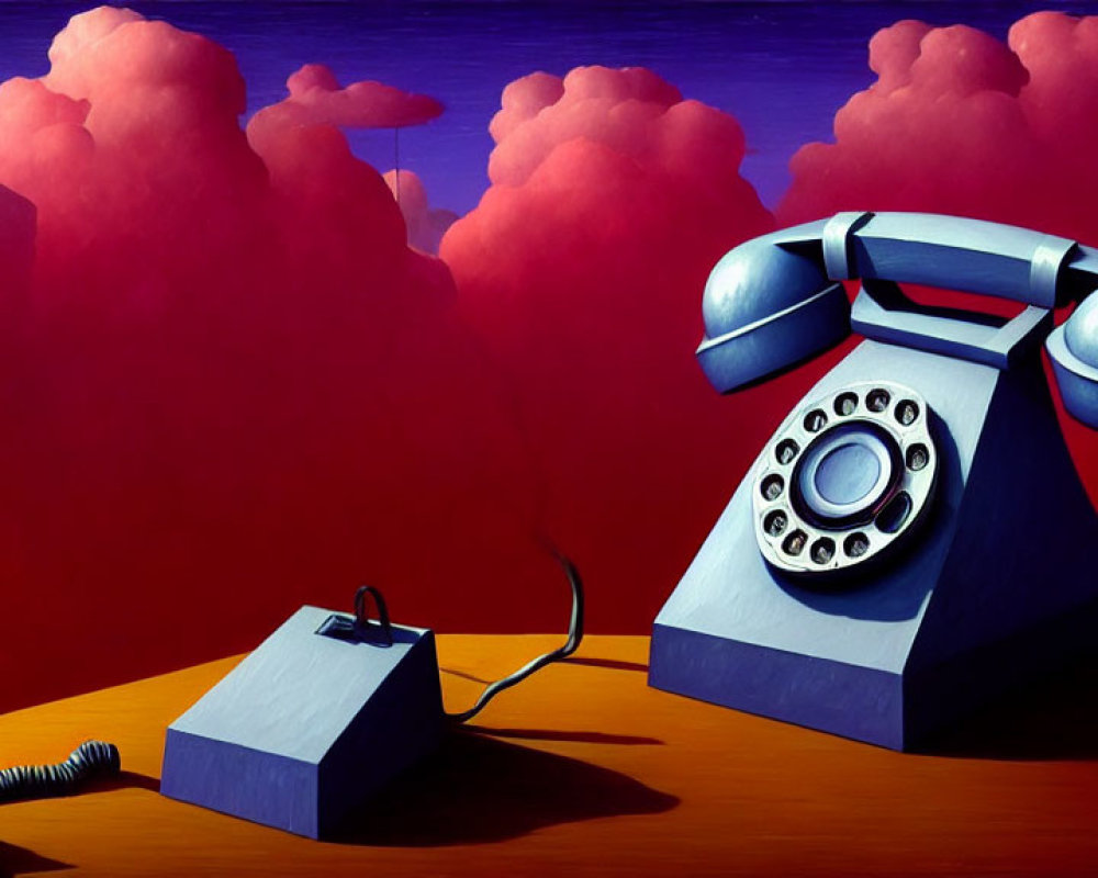 Stylized painting of vintage rotary phone on red clouds background