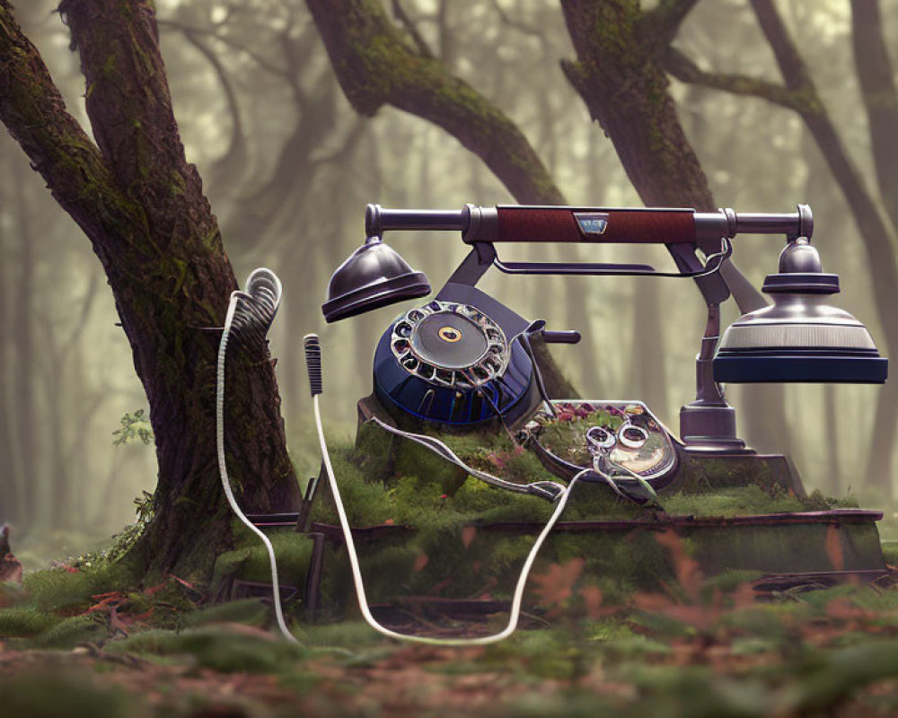 Vintage Rotary Telephone Disassembled in Misty Forest