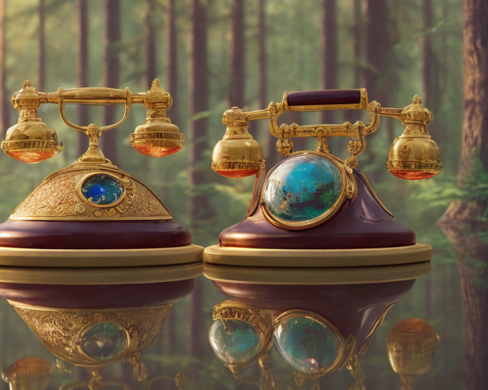 Vintage ornate telephone with golden accents and gemstones in misty forest setting