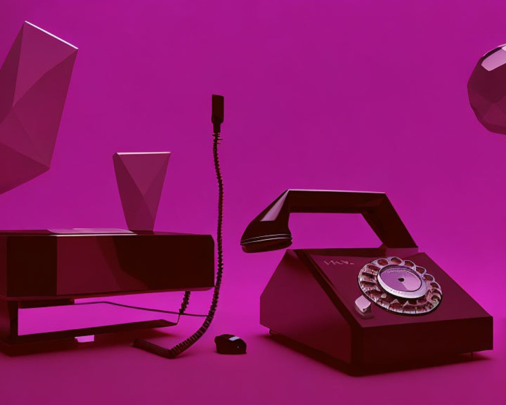 Surreal pink-hued still life with rotary phone, geometric shapes, vaping device, and cup