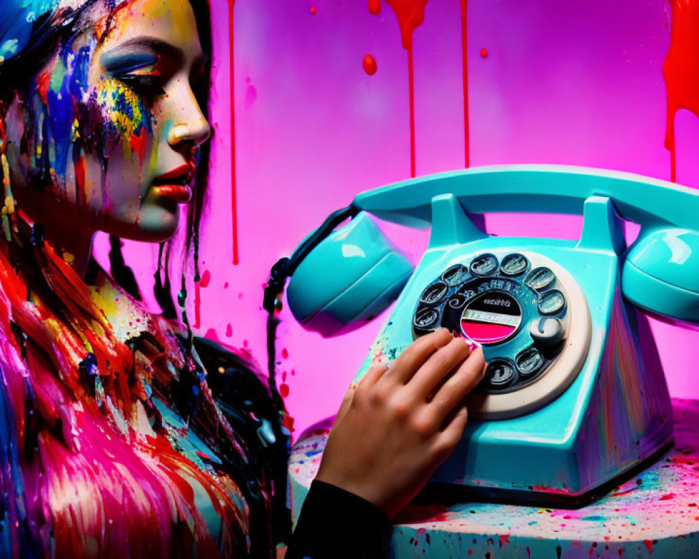 Colorful portrait of woman with paint drips on face, dialing vintage phone on splattered background