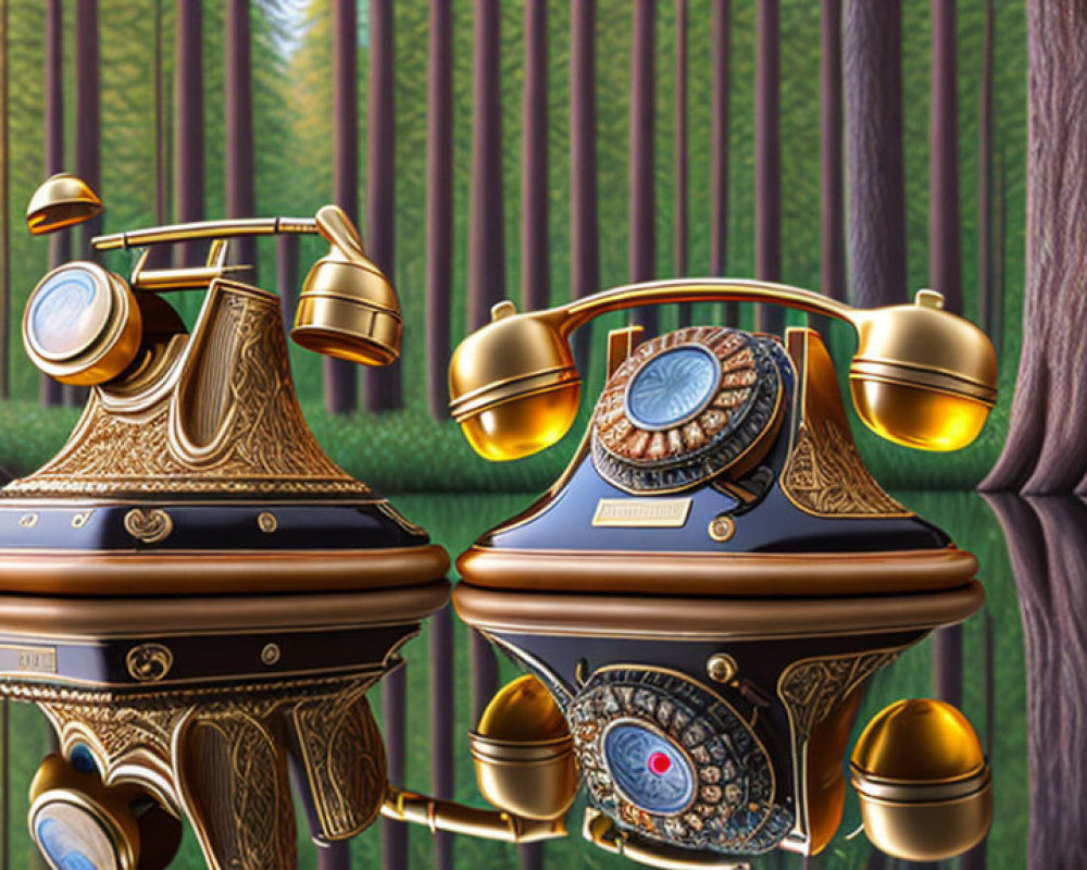 Whimsical anthropomorphic vintage phones in forest setting