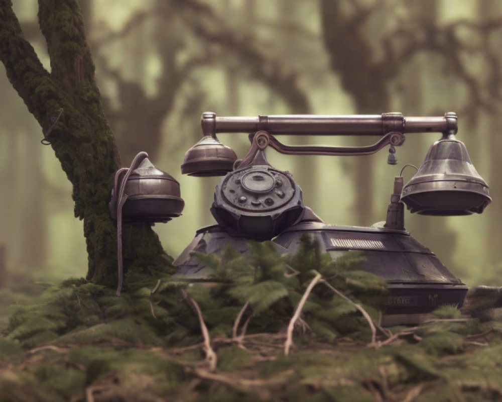 Vintage rotary dial telephone on forest floor with misty backdrop.