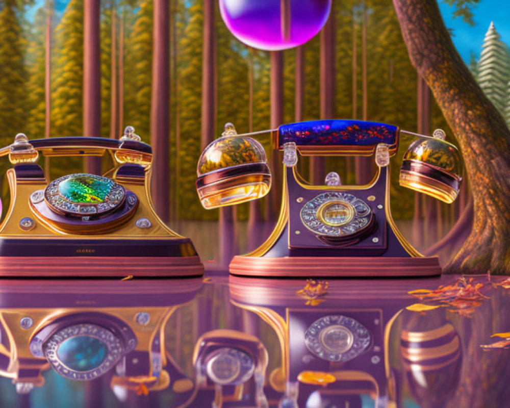 Vintage telephones with ornate designs in mystical forest with purple orbs.