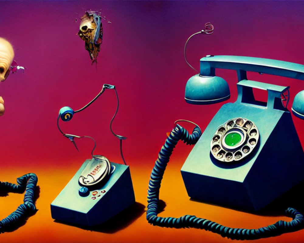 Surreal artwork: alarmed humanoid, decaying bee, vintage phones on red background