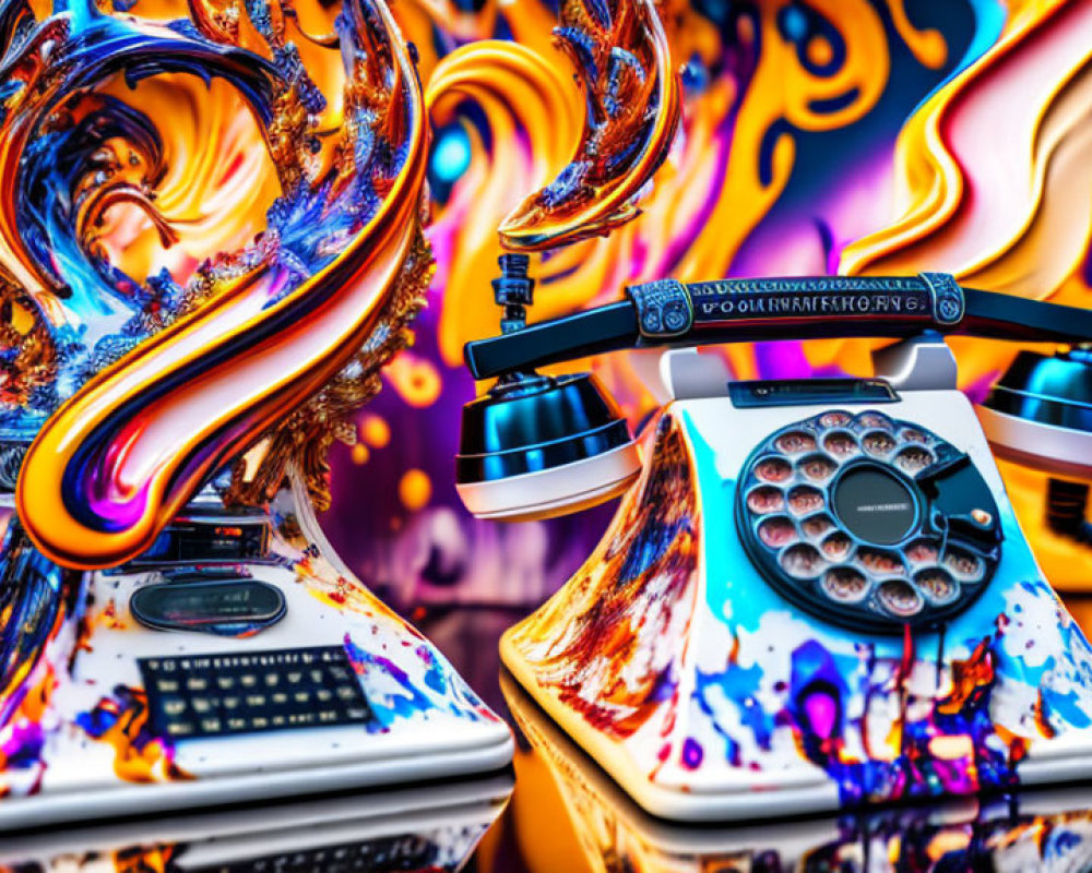 Colorful Psychedelic Artwork: Two Rotary Telephones in Abstract Swirls