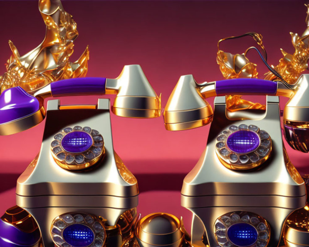 Vintage telephones with purple and gold accents in liquid gold on burgundy background