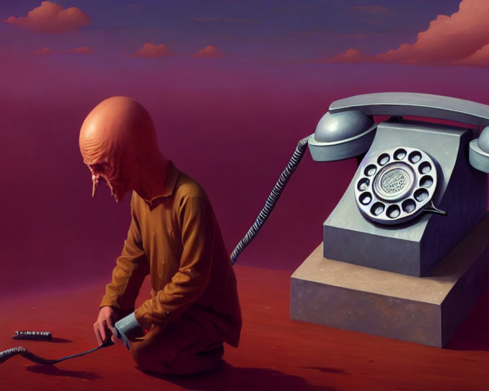 Surreal image: person with bulbous head near vintage telephone