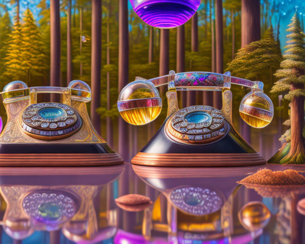 Vintage Telephones in Mystical Forest with Colorful Orbs and Purple Sky