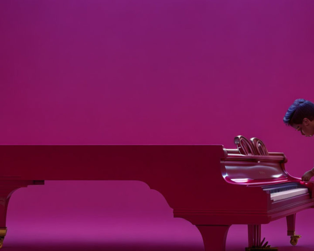 Child next to red grand piano in pink room