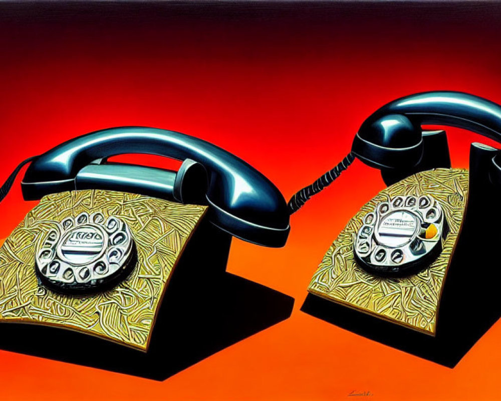 Vintage Black Rotary Dial Telephones on Red-Orange Background