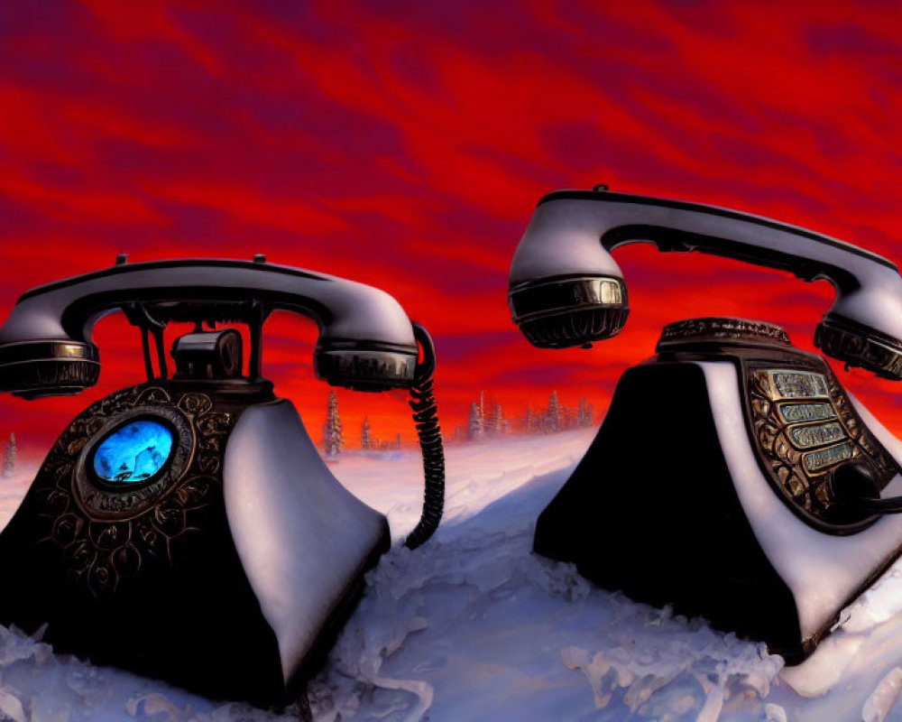 Vintage rotary dial telephones on snow with red sky and silhouetted trees