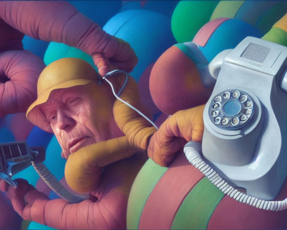 Elderly person in yellow helmet with colorful tubes holding phone receiver