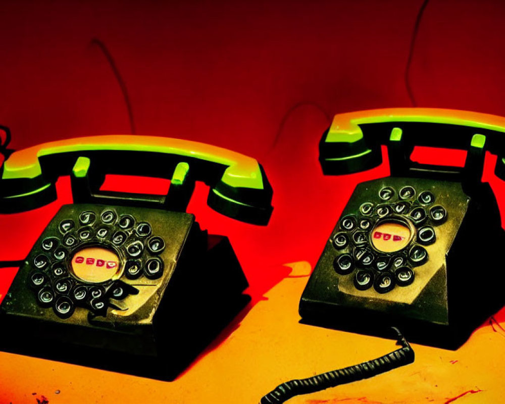 Vintage telephones with rotary dials under red lighting, one handset off the hook