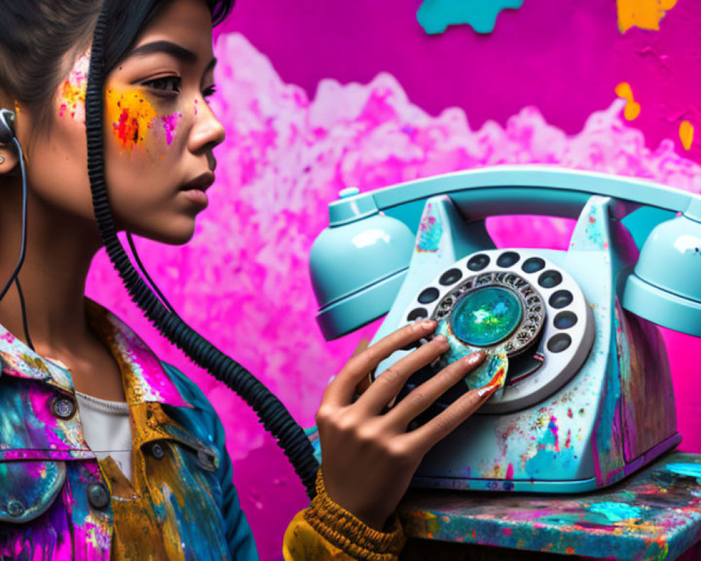 Colorful Painted Girl Holding Retro Turquoise Telephone Cord on Vibrant Splattered Background