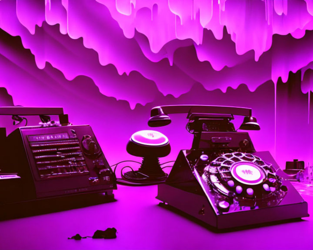 Vintage communication devices under purple lighting with dripping wax-like decor