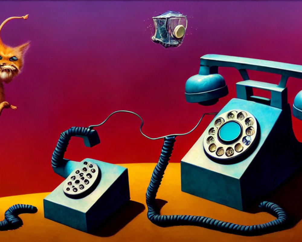 Surreal painting featuring vintage phones, floating coffee cup, and whimsical fox-like creatures on red