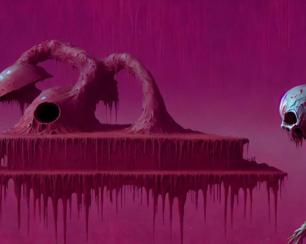 Surreal pink palette: tentacled creature and hollow-headed figure on dripping platform