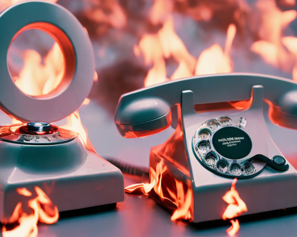 Vintage rotary phone surrounded by flames on red-lit surface