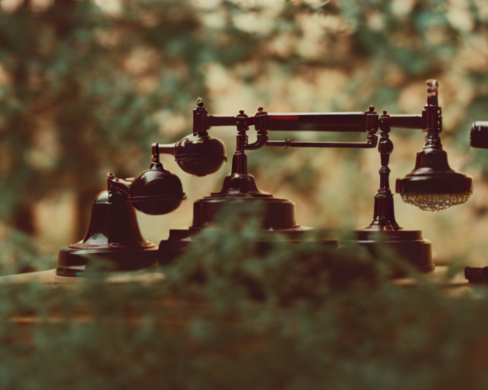 Vintage Telephone on Desk with Green Foliage Background