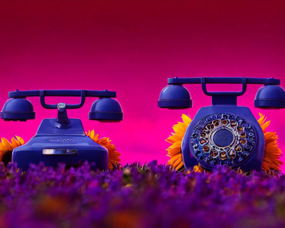 Vintage rotary and push-button telephones on purple background with sunflowers