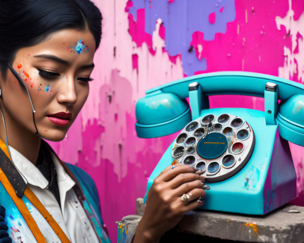 Colorful Painted Woman Holding Retro Turquoise Telephone on Vibrant Splattered Background