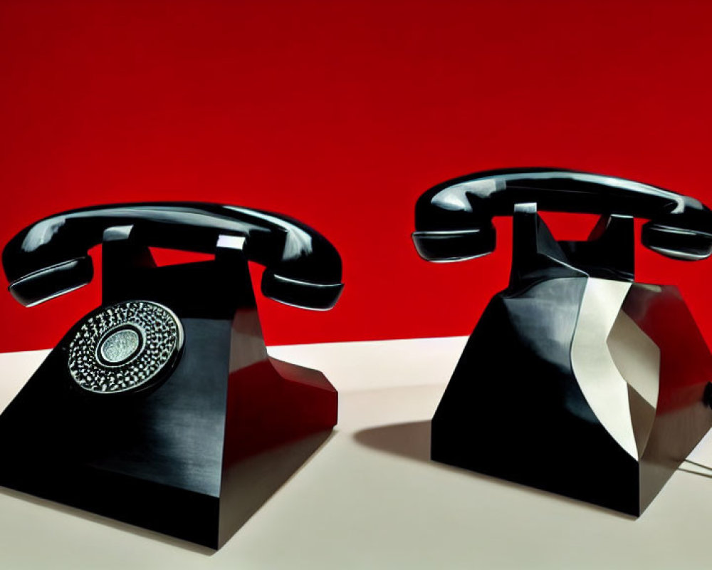 Vintage Rotary Dial Telephones with Handsets Off Hook on Red Background