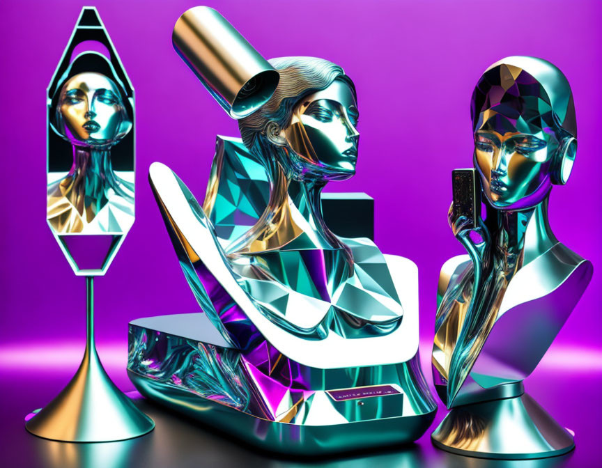 Shiny Metallic Mannequin Heads on Purple Background