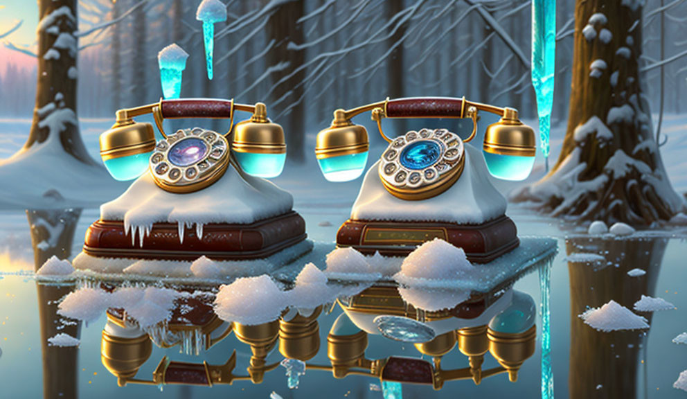 Vintage Rotary Telephones Covered in Snow and Icicles in Snowy Forest Scene